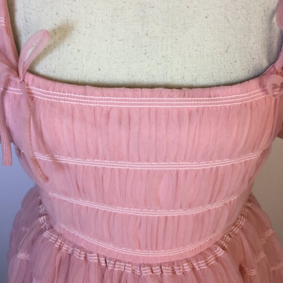 Lulus Utterly Adored Mini Dress Sz S Womans Pink Tulle Textured Puff Sleeve Bow - Picture 13 of 14